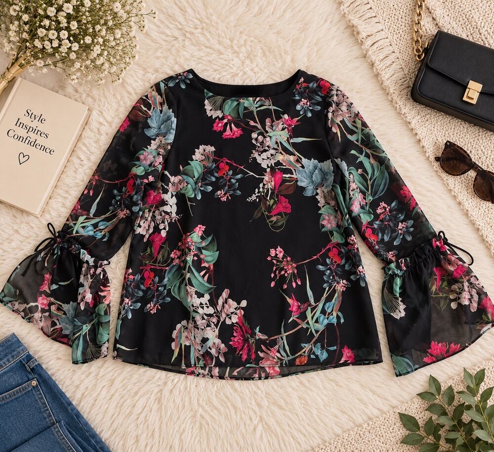 Karen Kane Women’s M Black Floral Bell Sleeve Blouse Sheer Chiffon Boho